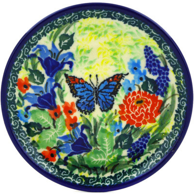 Polish Pottery Mini Plate, Coaster plate Blue Butterfly Meadow UNIKAT