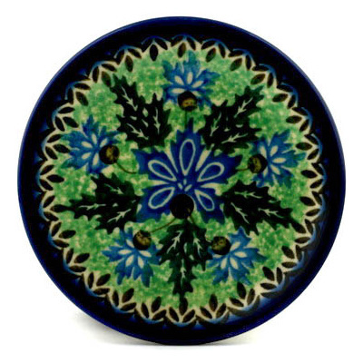 Polish Pottery Mini Plate, Coaster plate Blue Holly Flowers UNIKAT