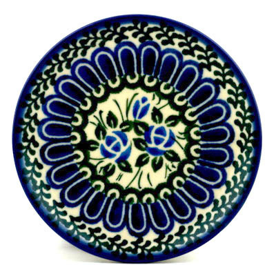 Polish Pottery Mini Plate, Coaster plate Blue Impatiens Patch UNIKAT