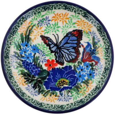 Polish Pottery Mini Plate, Coaster plate Blue Monarch Meadow UNIKAT