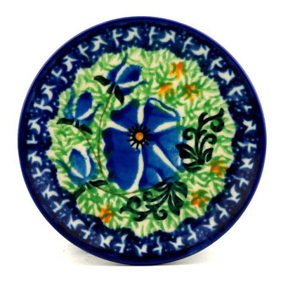 Polish Pottery Mini Plate, Coaster plate Blue Pansy Garden UNIKAT