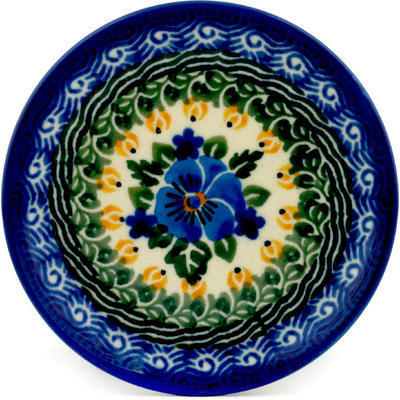 Polish Pottery Mini Plate, Coaster plate Blue Pansy Star UNIKAT