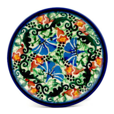 Polish Pottery Mini Plate, Coaster plate Blue Scaveola Garden UNIKAT