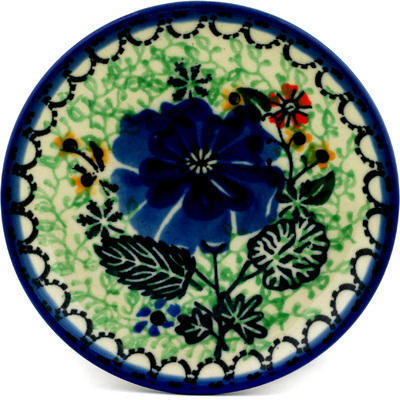 Polish Pottery Mini Plate, Coaster plate Bright Blue Pansy UNIKAT