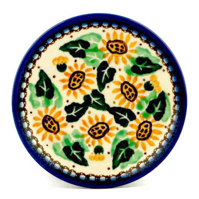 Polish Pottery Mini Plate, Coaster plate Dancing Sunflowers UNIKAT