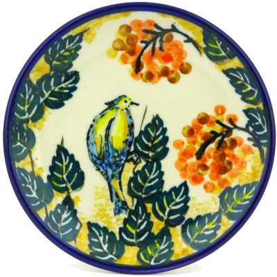 Polish Pottery Mini Plate, Coaster plate Green Songbird UNIKAT