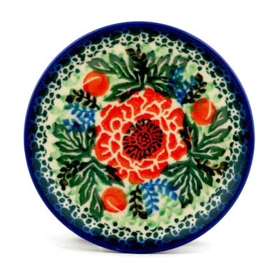 Polish Pottery Mini Plate, Coaster plate Red Carnation Circle UNIKAT