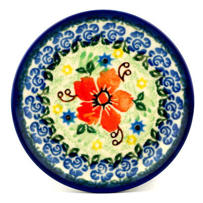 Polish Pottery Mini Plate, Coaster plate Red Poppy Vines UNIKAT