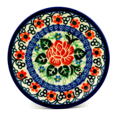 Polish Pottery Mini Plate, Coaster plate Red Rose Delight UNIKAT