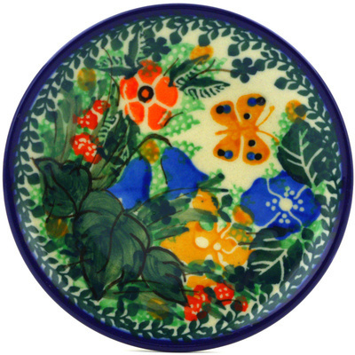 Polish Pottery Mini Plate, Coaster plate Yellow Butterfly Meadow UNIKAT