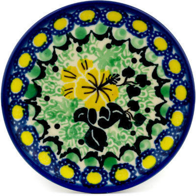 Polish Pottery Mini Plate, Coaster plate Yellow Hibiscus UNIKAT