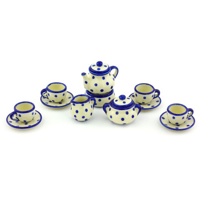 Polish Pottery Mini Tea Set 3&quot; Blue Polka Dot