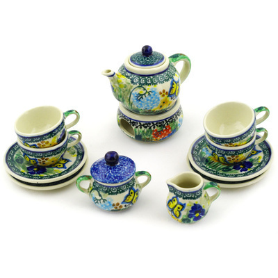 Polish Pottery Mini Tea Set 3&quot; Butterfly Garden UNIKAT