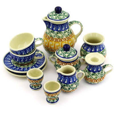 Polish Pottery Mini Tea Set 3&quot; Grecian Sea