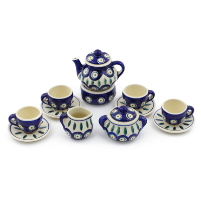 Polish Pottery Mini Tea Set 3&quot; Peacock