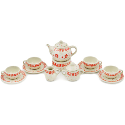 Polish Pottery Mini Tea Set 3&quot; Poinsettia Lace