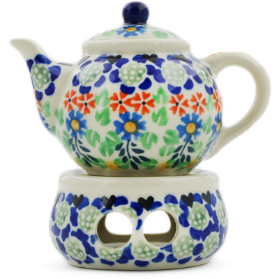 Polish Pottery Mini Teapot with Heater 4&quot; Black Heart Garden UNIKAT