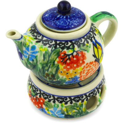 Polish Pottery Mini Teapot with Heater 4&quot; Butterfly Garden UNIKAT