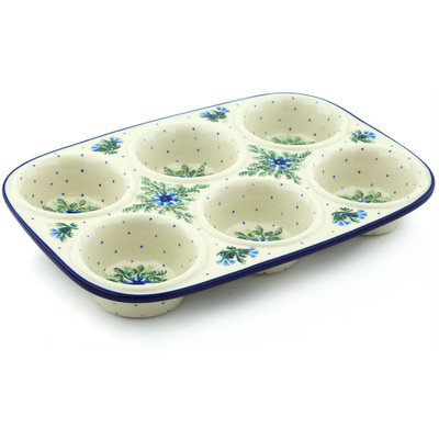 Polish Pottery Muffin Pan 11&quot; Blue Bell Wreath