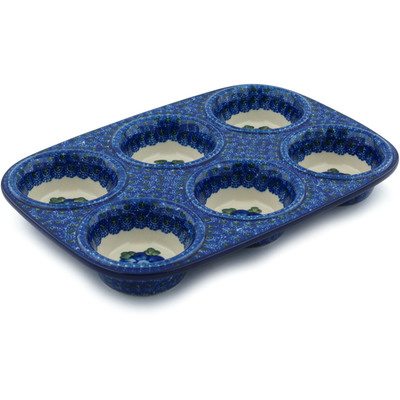 Polish Pottery Muffin Pan 11&quot; Blue Poppies