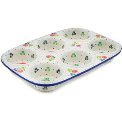 Polish Pottery Muffin Pan 11&quot; Clover Flower Wreath