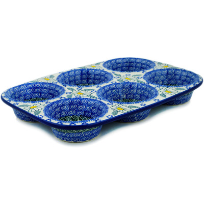 Polish Pottery Muffin Pan 11&quot; Crazy Daisy
