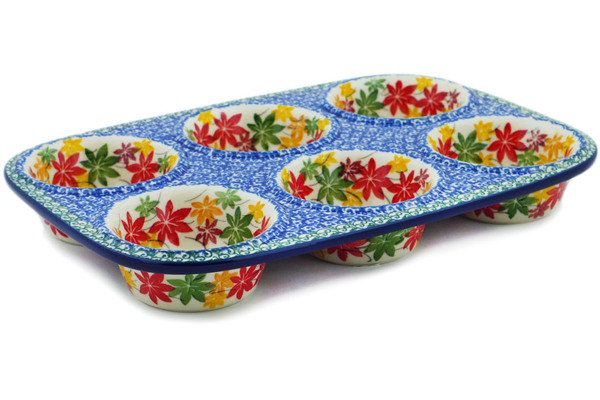 Polish Pottery Muffin Pan 11 inch Flowers at Dusk Pattern by Ceramika Artystyczna