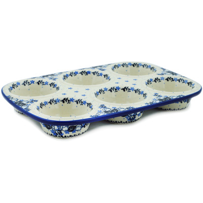 Polish Pottery Muffin Pan 11&quot; Flowers At Dusk