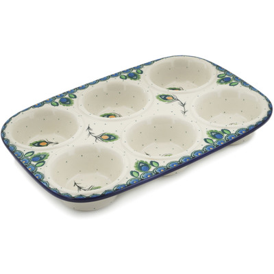 Polish Pottery Muffin Pan 11&quot; Peacock Feather