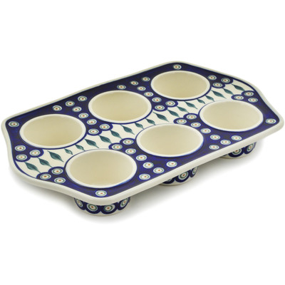 Polish Pottery Muffin Pan 14&quot; Peacock Leaves