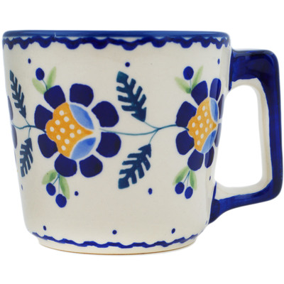 Polish Pottery Mug 10 oz Orange And Blue Flower