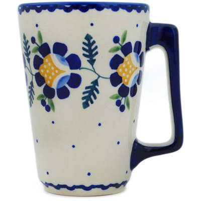 Polish Pottery Mug 13 oz Orange And Blue Flower