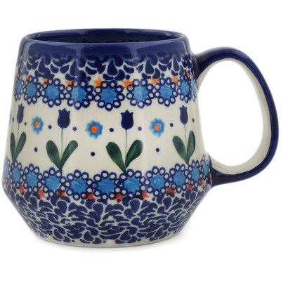 Polish Pottery Mug 17 oz Blue Tulip Garden UNIKAT