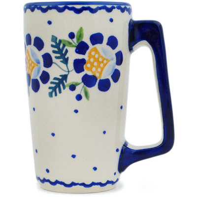 Polish Pottery Mug 8 oz Orange And Blue Flower