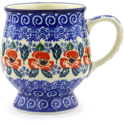 Polish Pottery Mug 8 oz Red Poppies On Blue