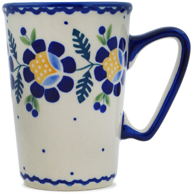 Polish Pottery Mug 9 oz Orange And Blue Flower