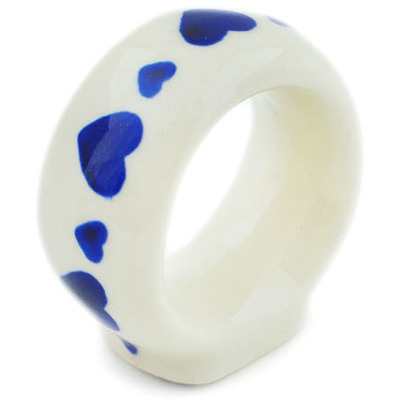 Polish Pottery Napkin Ring 2&quot; Blue Valentine Hearts