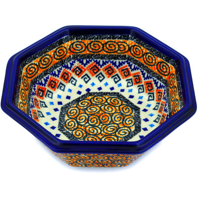 Polish Pottery Octagonal Bowl 7&quot; Aztec Swirls UNIKAT