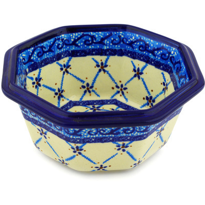 Polish Pottery Octagonal Bowl 7&quot; Blue Daisy Lattice