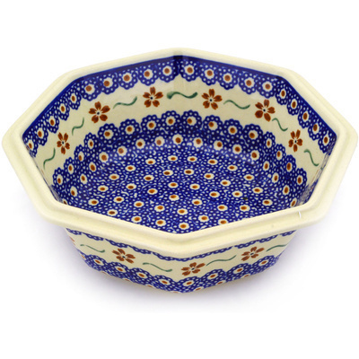 Polish Pottery Octagonal Bowl 7&quot; Sweet Red Flower