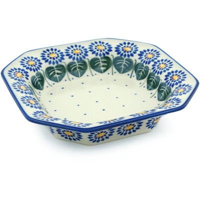 Polish Pottery Octagonal Bowl 8&quot; Blue Daisies