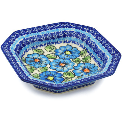 Polish Pottery Octagonal Bowl 8&quot; Bold Blue Poppies UNIKAT