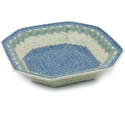 Polish Pottery Octagonal Bowl 9&quot; Blue Swirl