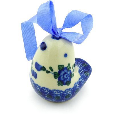 Polish Pottery Ornament Bird Bell 2&quot; Blue Poppies