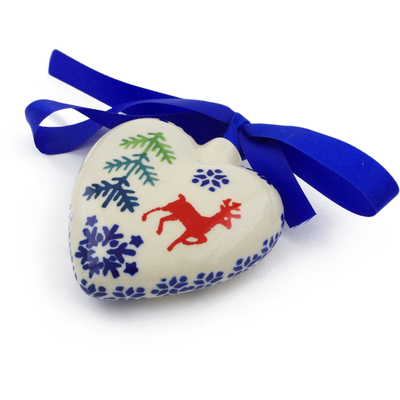 Polish Pottery Ornament Heart 3&quot; Reindeer Winter