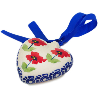 Polish Pottery Ornament Heart 3&quot; Wind-blown Poppies