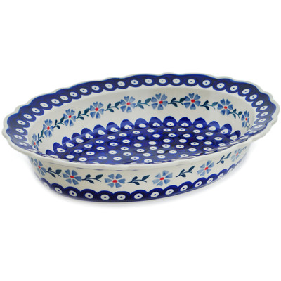 Polish Pottery Oval Baker 0&quot; Peacock Forget-me-not