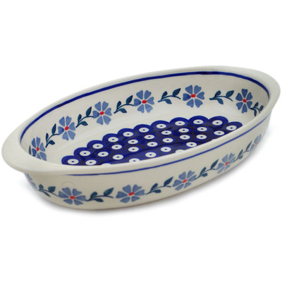 Polish Pottery Oval Baker 10&quot; Peacock Forget-me-not