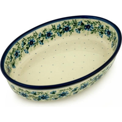 Polish Pottery Oval Baker 11&quot; Blue Bell Wreath