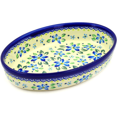 Polish Pottery Oval Baker 11&quot; Blue Clematis